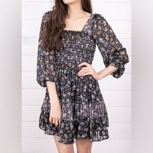 NWT Self Contrast Smocked Floral Mini Dress Long Sleeve XS | Anthropologie